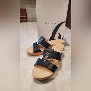 NWT Nine West Cork Wedge Heel Open Toe Slide on Black Leather Sandals Sz…